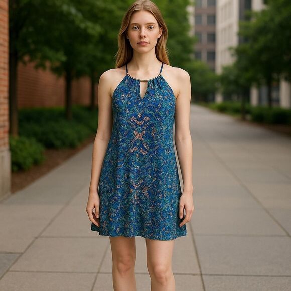 As U Wish Blue Green Geometric Halter Neck Metal Detail Shift Dress Size Small - Picture 1 of 15